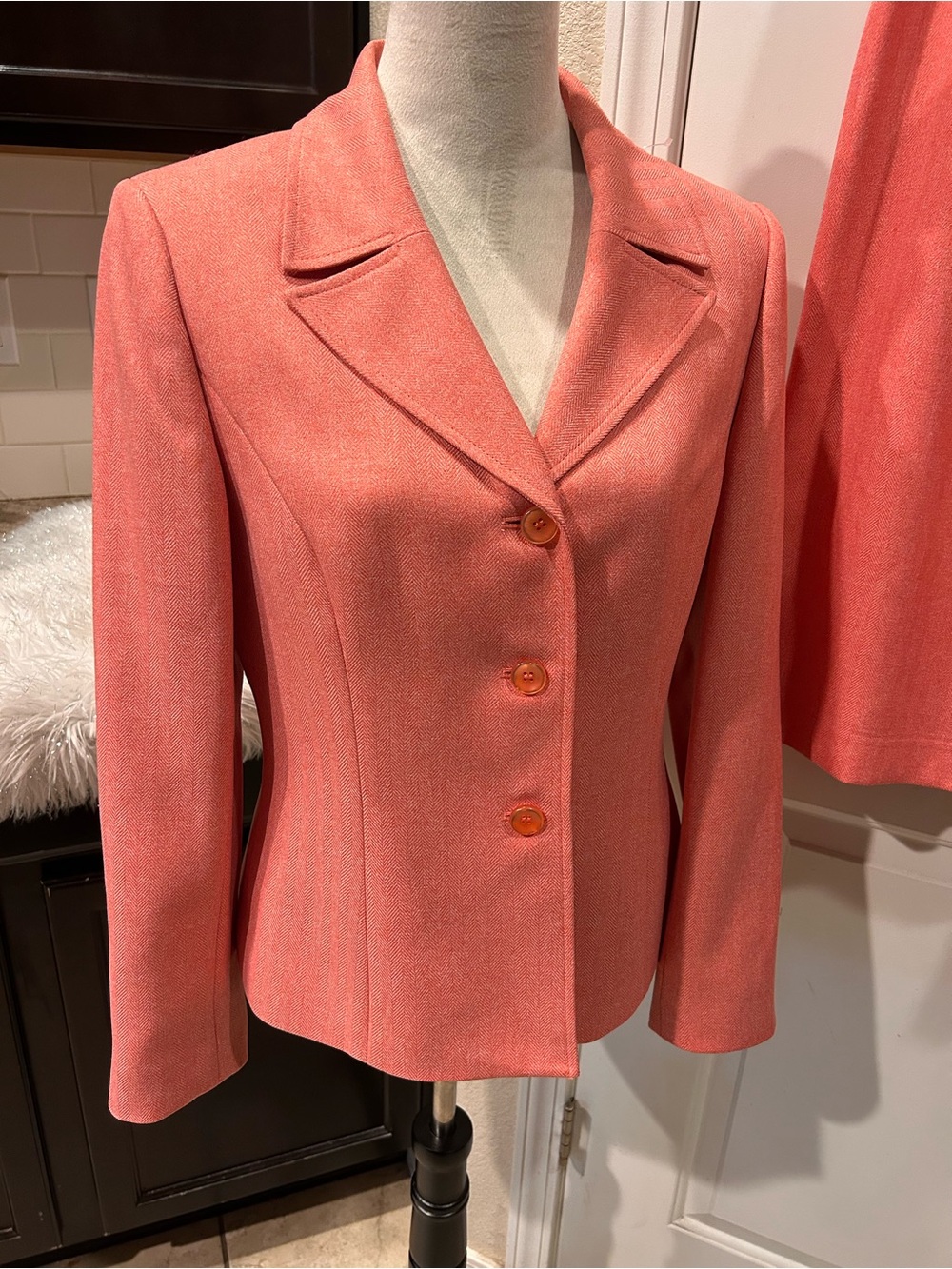 Le Suit Coral Pencil Skirt Herringbone Soft Jacquard Blazer Lined Notch Collar - Picture 2 of 16